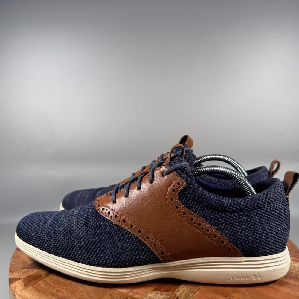 Cole Haan Grand OS Mens 10M Marine Blue British Tan Knit Wingtip Oxford C31348